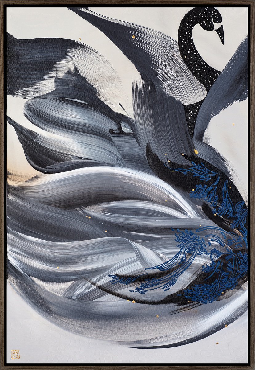 Abstract Acrylic Painting By Novi Lim, 26 X 38", Black Swan Ii, Original Artwork