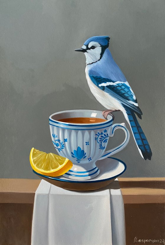 Still life with bird,  cup and lemon (24x35cm, oil painting, ready to hang)
