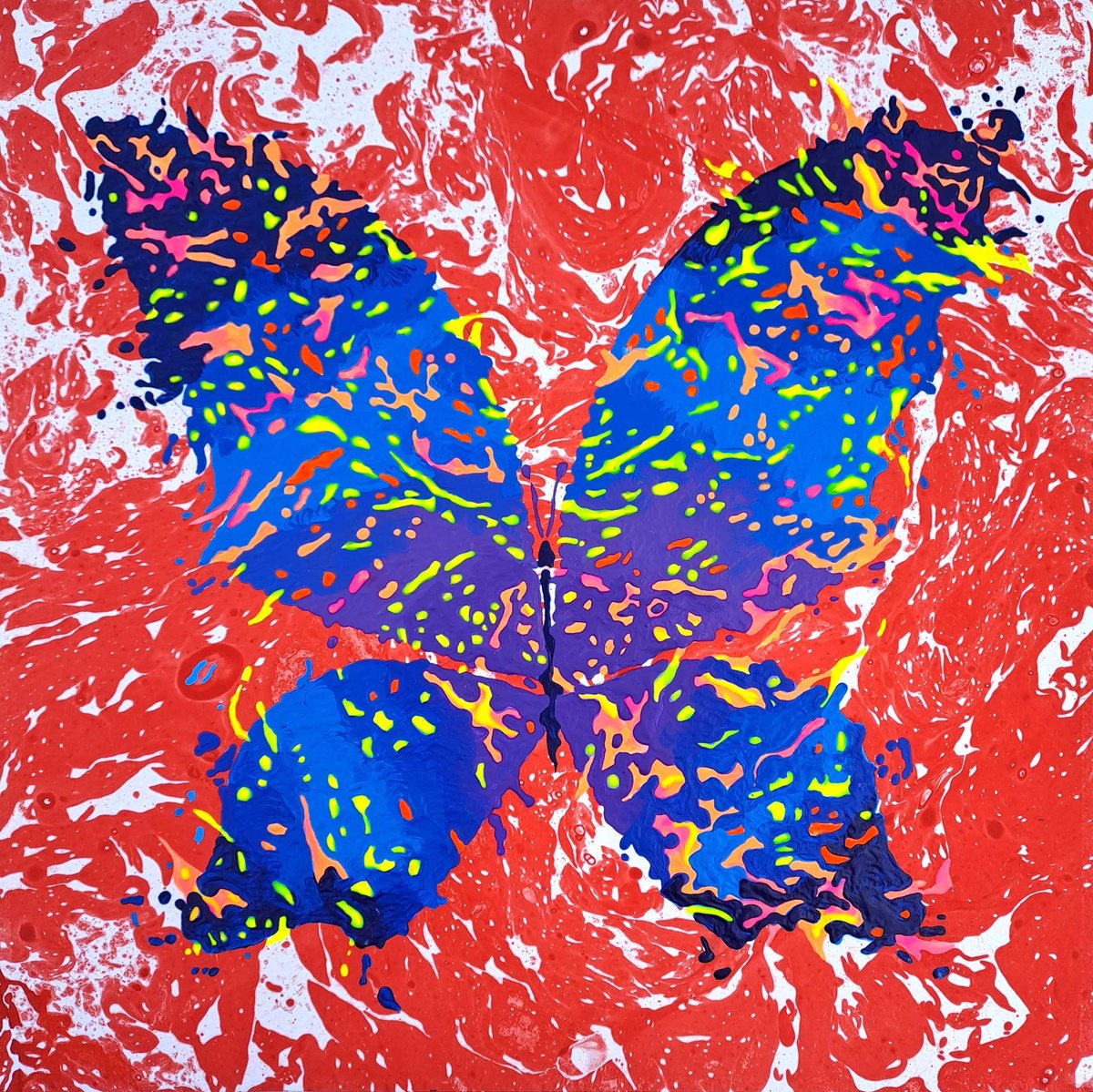 Abstract Animal Acrylic Painting By Mariia Raskin, 10 X 10", Butterfly «Fiery Sunset», Original Artwork