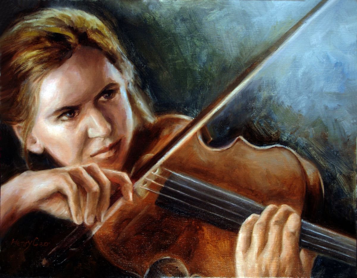 Photorealistic Portrait Oil Painting By Henry Cao, 14 X 11, The Music Of The Early Morning, Original Artwork