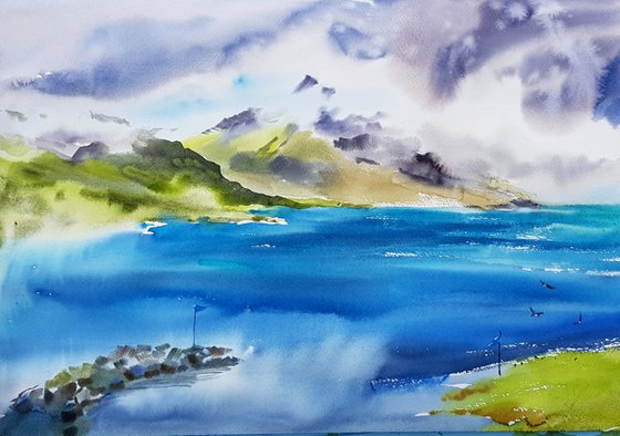 Watercolor landscape. Fjorda in Iceland.