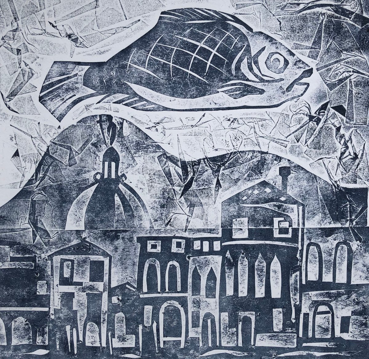 Fish over the city. Cardboard printing /Collagraph. by Maria Zaytseva