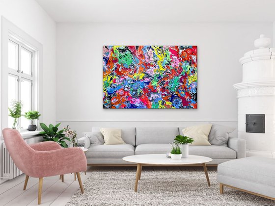 78''x53''(200x135cm), Life in Colors 11, blue, pink, cream, green black, texture, land earth colors canvas art  - xxxl art - abstract art painting- extra large art
