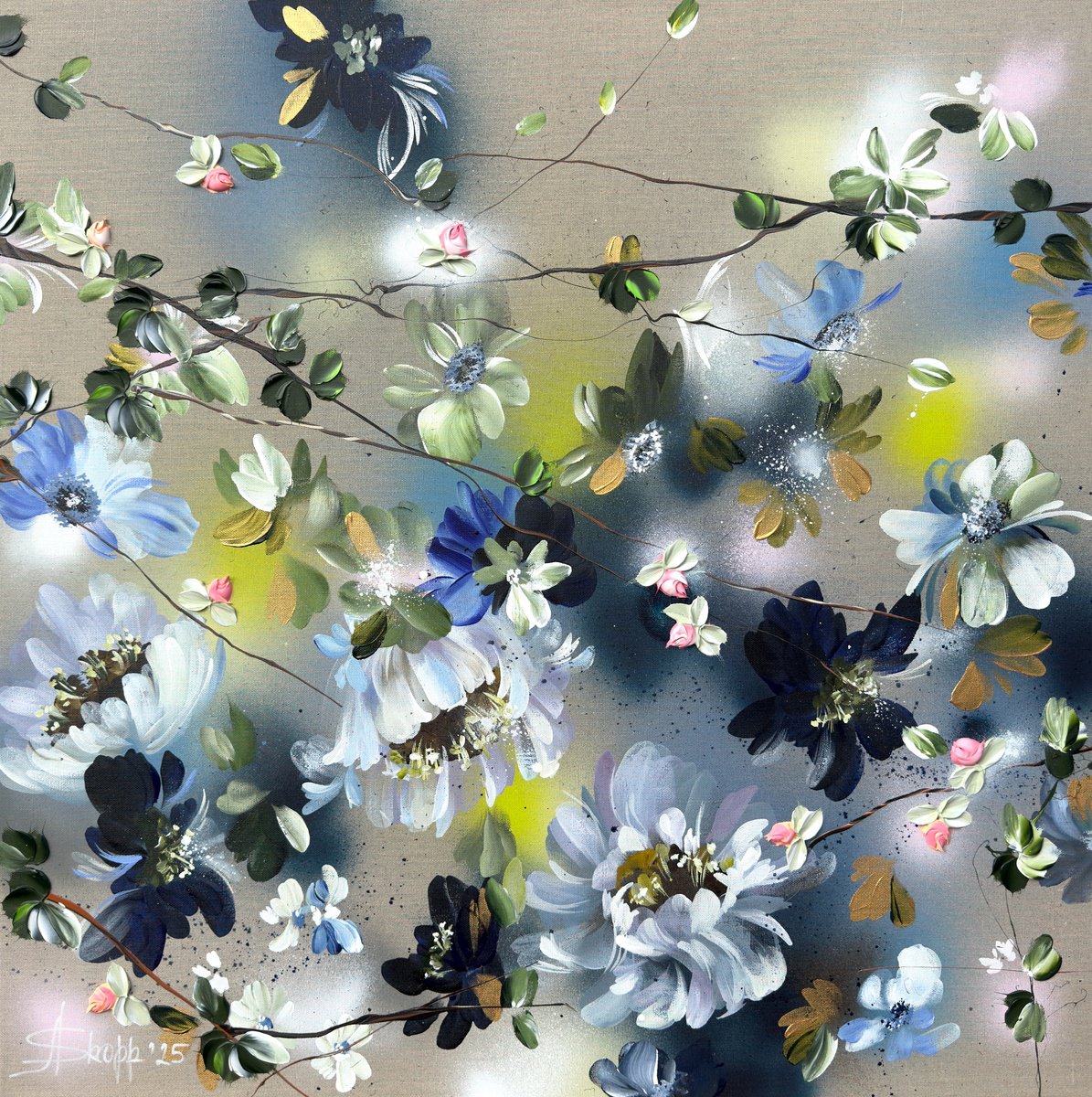 Expressive Abstract Acrylic Painting By Anastassia Skopp, 35 X 35, - ?Movement - Roses Ii - ?, Original Artwork