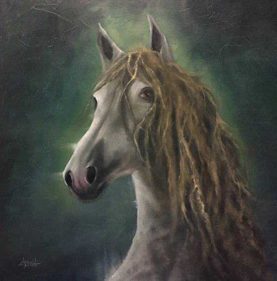 "Rapunzel", White Horse Oil Painting / 20x20 inch