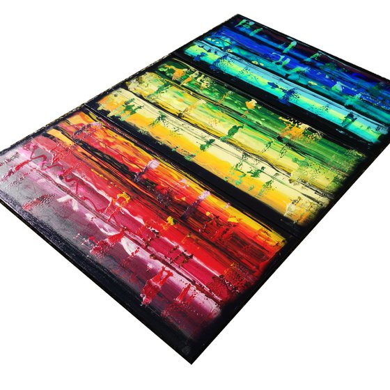 Rainbow A352 Large abstract paintings Palette knife 100x150x2 cm set of 3 original abstract acrylic paintings on stretched canvas