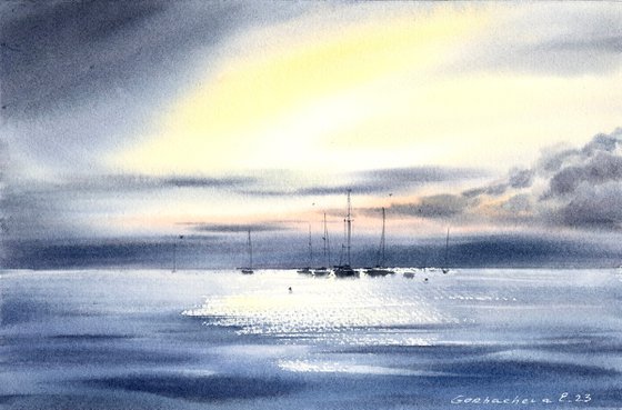 Yachts at sea at dawn #3