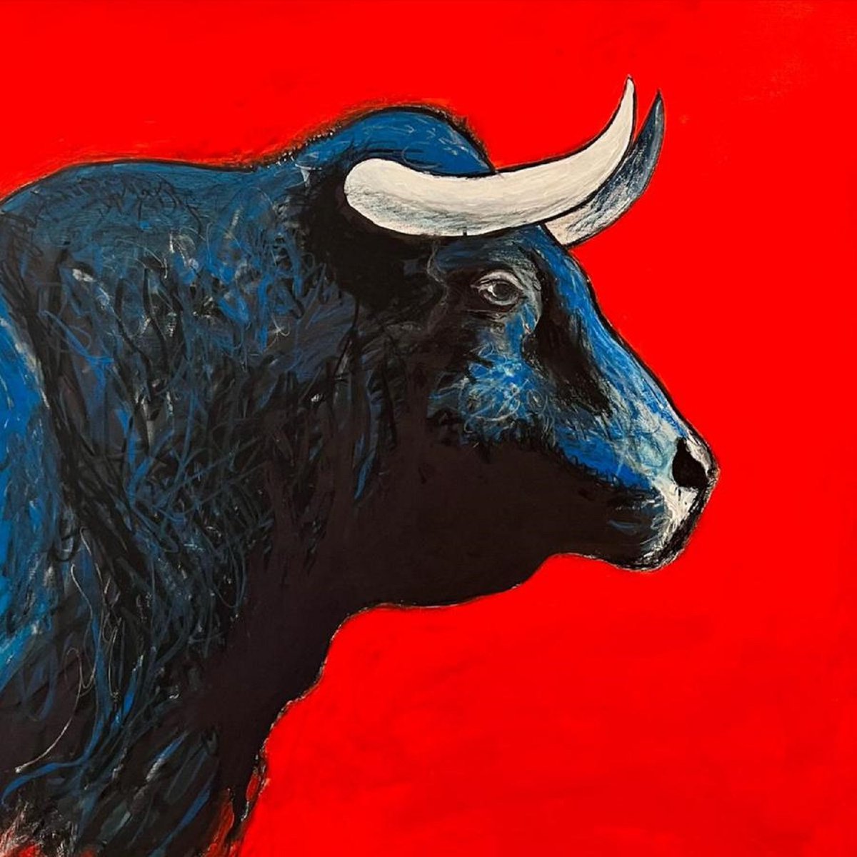 Impressionistic Animal Painting By Shabs Beigh, 36 X 36", Blue Bull Head 2 - Red, Original Artwork