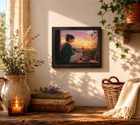 Girl watching the sunset with her tabby cat