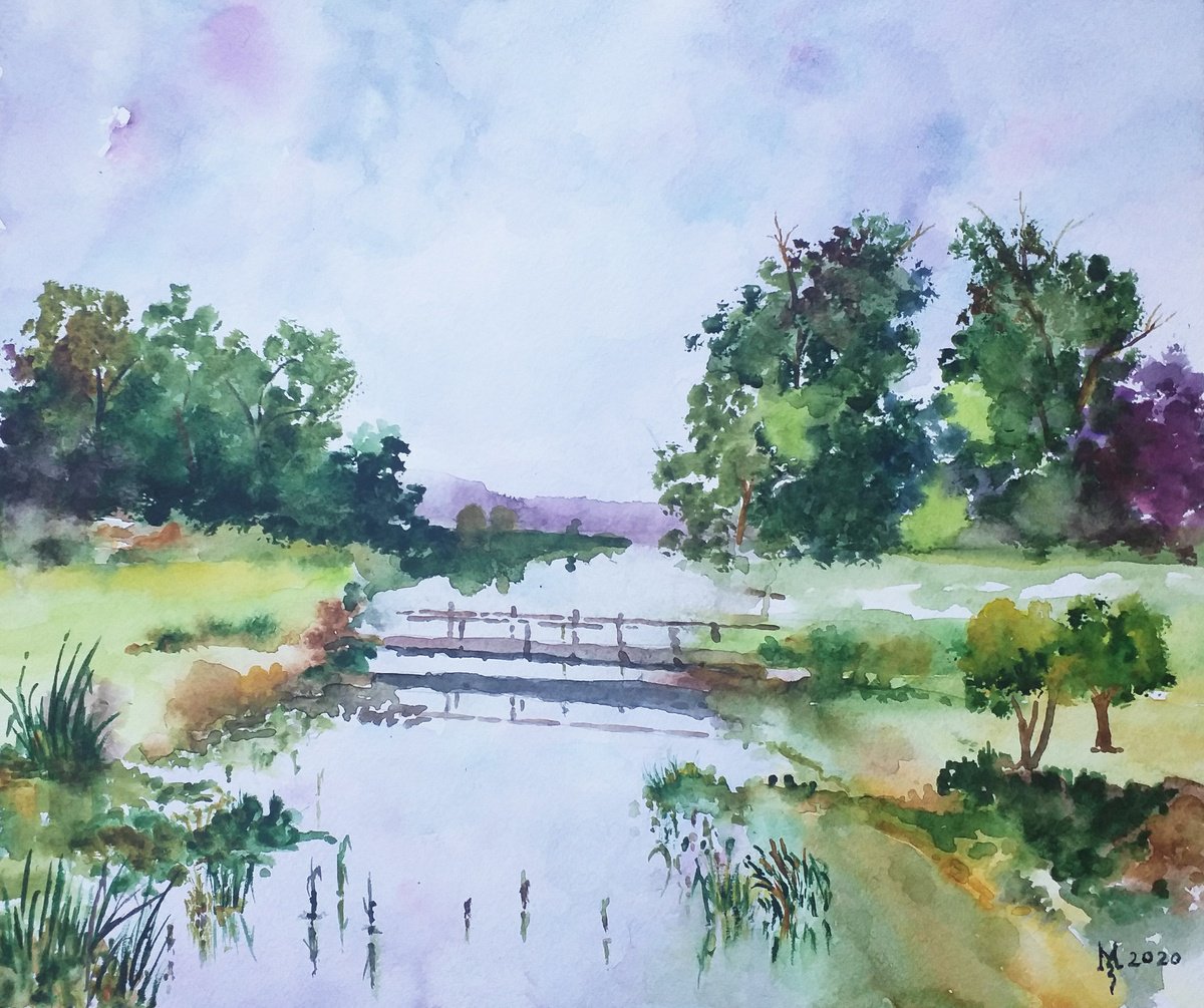 Impressionistic Landscape Watercolour By Zoran Mihajlovic Muza, 13 X 11", Wooden Bridge 34 X 28.5 Cm, Original Artwork