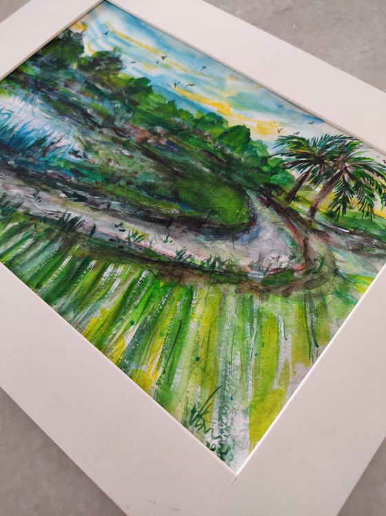A day in my beautiful farm, watercolour painting- impressionistic style - matt - gift art - christmas- new year