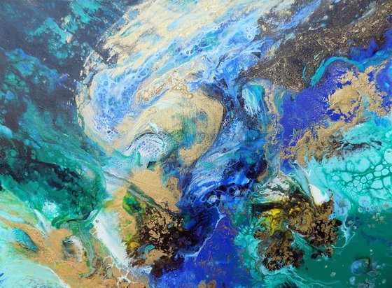 Αbstract painting art blue green gold metallic - Deep river