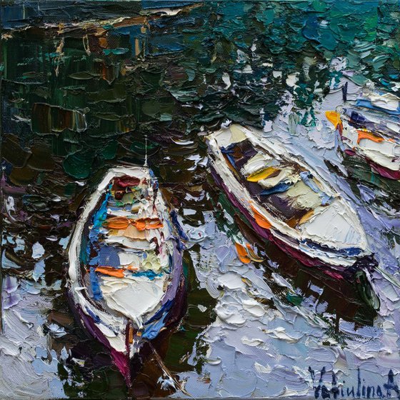Moored rowing boats #2- Original oil seascape painting