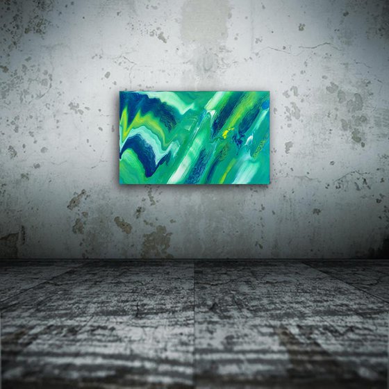 "Is My Reality Running?" - Original Abstract PMS Fluid Acrylic Painting on a Recycled Desk Panel - 23.5 x 14.5 inches