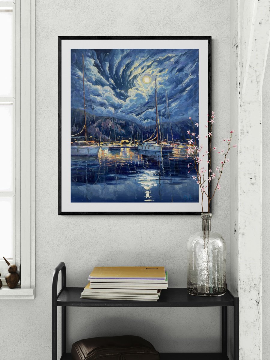 Impressionistic Landscape Oil Painting By Evgeny Chernyakovsky, 25 X 31, Moon Harbor, Original Artwork