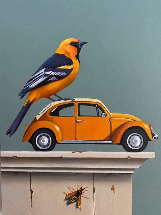 Still life with bird and yellow car