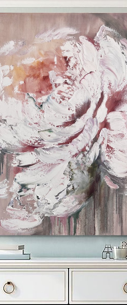 Peach peony square painting by Marina Skromova