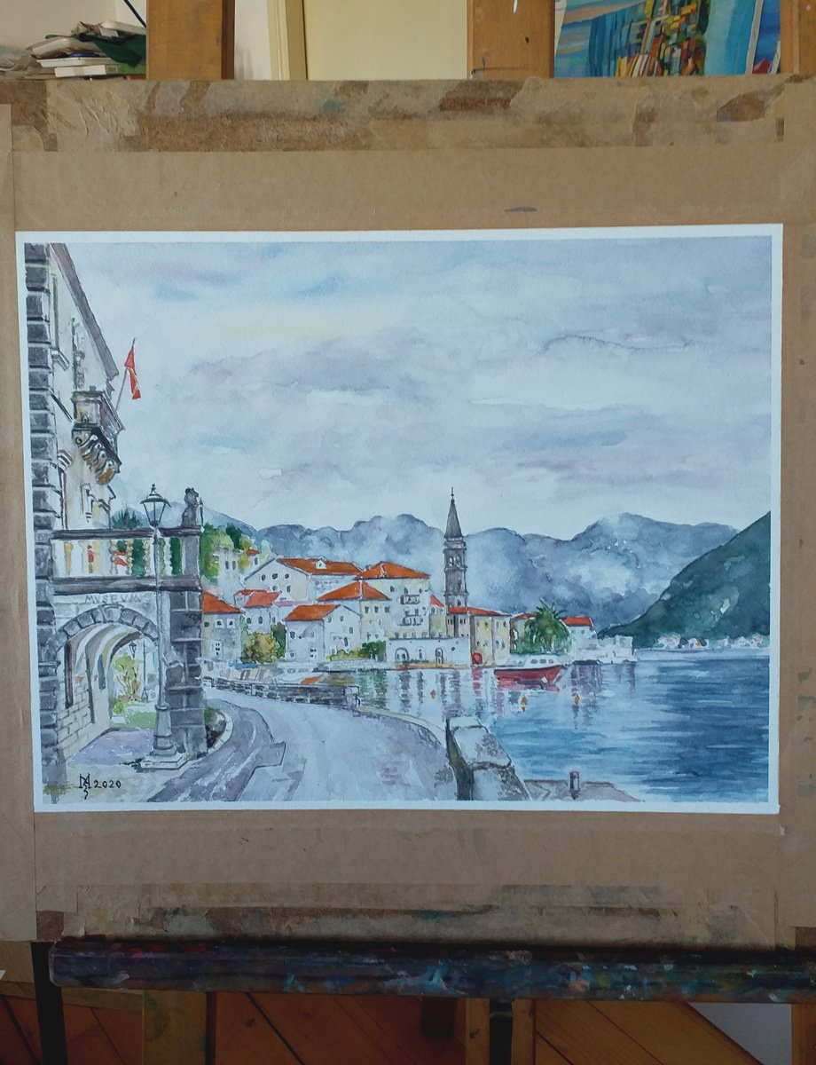 Impressionistic Cityscapes Watercolour By Zoran Mihajlovic Muza, 15 X 12", Sea Landscape-Perast, Original Artwork