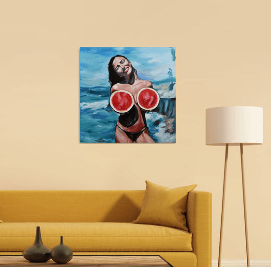 WATERMELONS - sea original oil painting - seaside, summer, erotic art, naked woman, gift idea, pop art, office art home decor