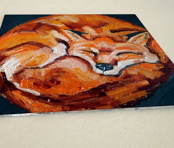 Sleeping Fox 2, Fox painting Original Art Animal Artwork Small Oil Wall Art