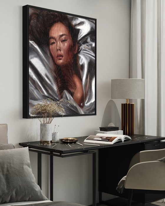 "Silver" Oil painting of asian beauty model wrapped in a shiny silver blanket.