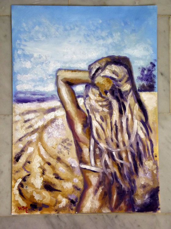 SEASIDE GIRL - GIRL WATCHING THE HORIZON - Oil painting (30x42cm)