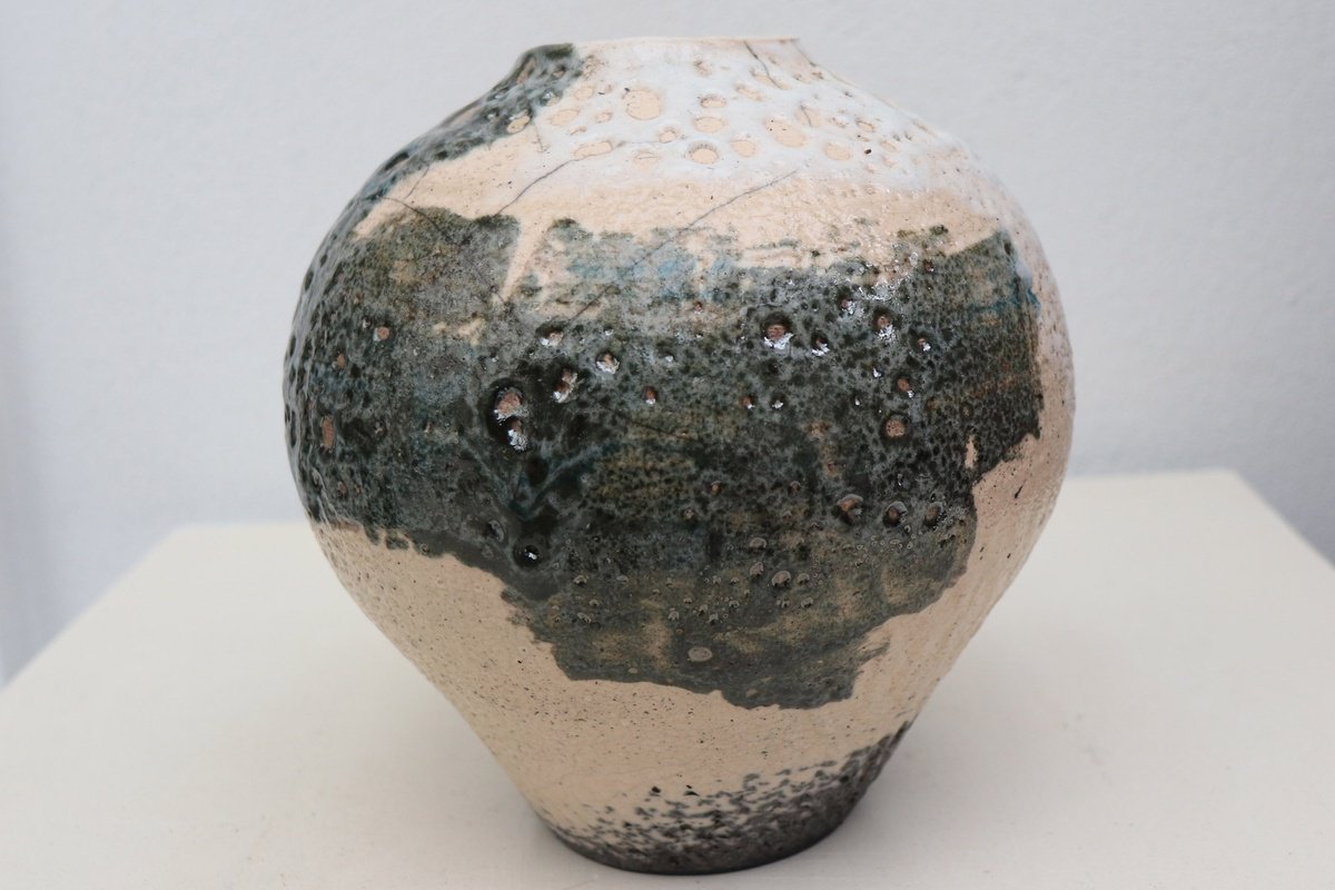 Geometric Abstract Clay Sculpture By Koen Lybaert, 7 X 7", Raku And Black Smoked Vessel., Original Artwork