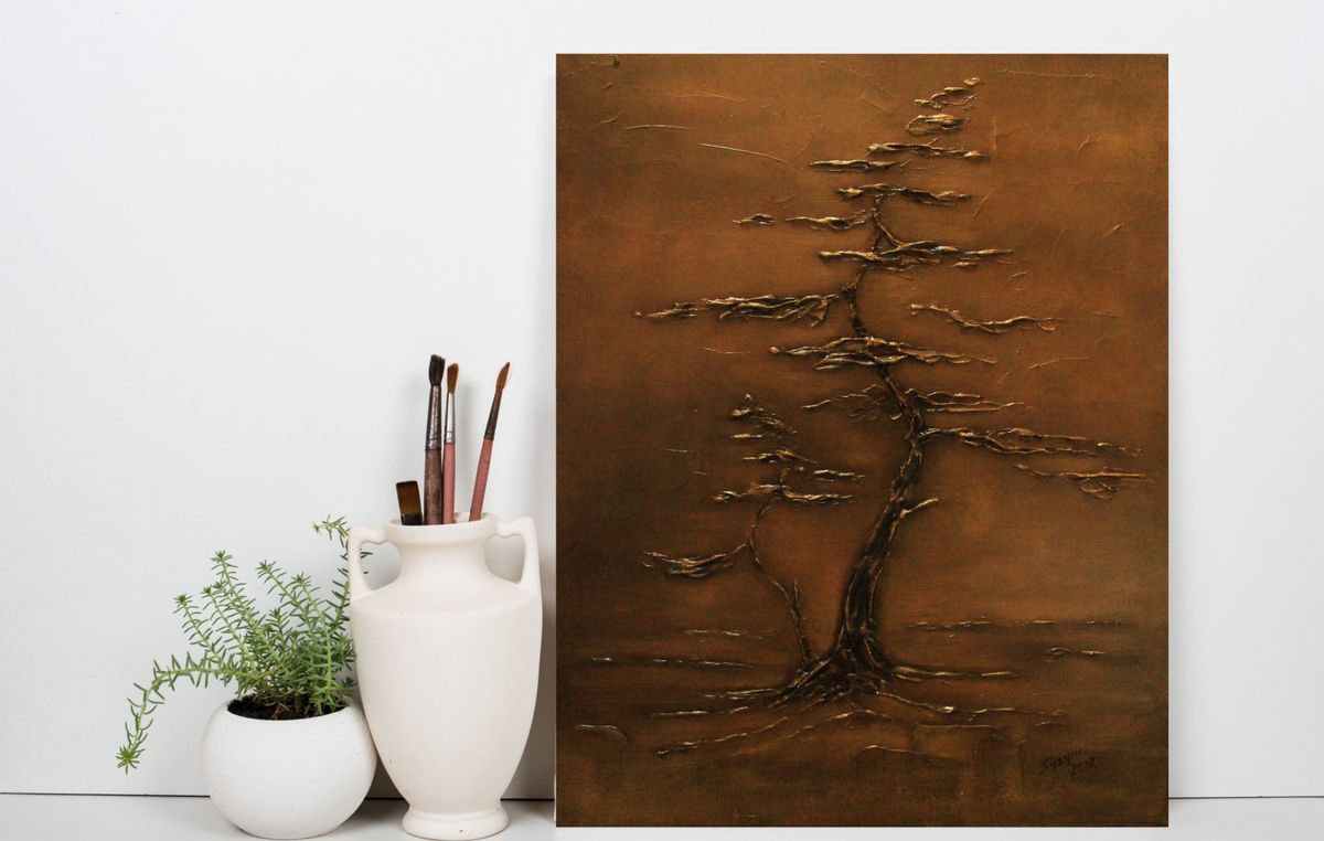 Textured oil painting by Syzym Abstract lanscape Original hotsell painting Bonsai tree Brown gold Living room home office decor Modern art