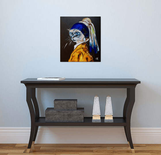 Siamese Cat with the pearl earring. Feline art. Blue eyes. Gift idea for cat lovers