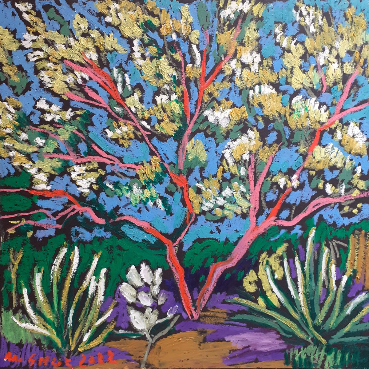 Impressionistic Landscape Pastel Drawing By Maja Grecic, 12 X 12", Mediterranean Garden With Aloe, Original Artwork