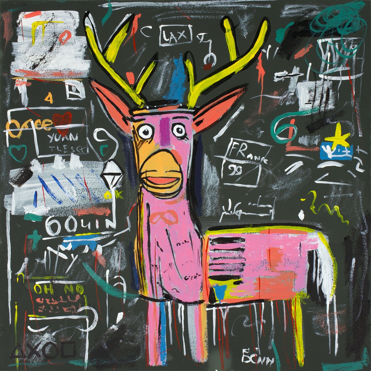 Expressive Animal Acrylic Painting By Kosta Morr, 12 X 12", Basquiat