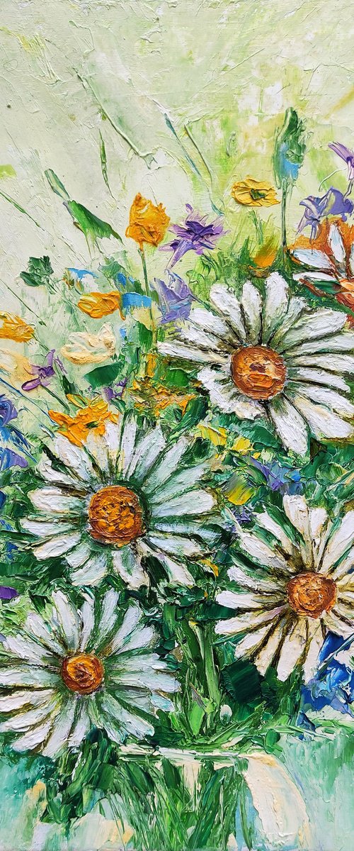 Daisy Bouquet Painting Floral Original Wall Art Flower Bouquet Artwork by Yulia Berseneva