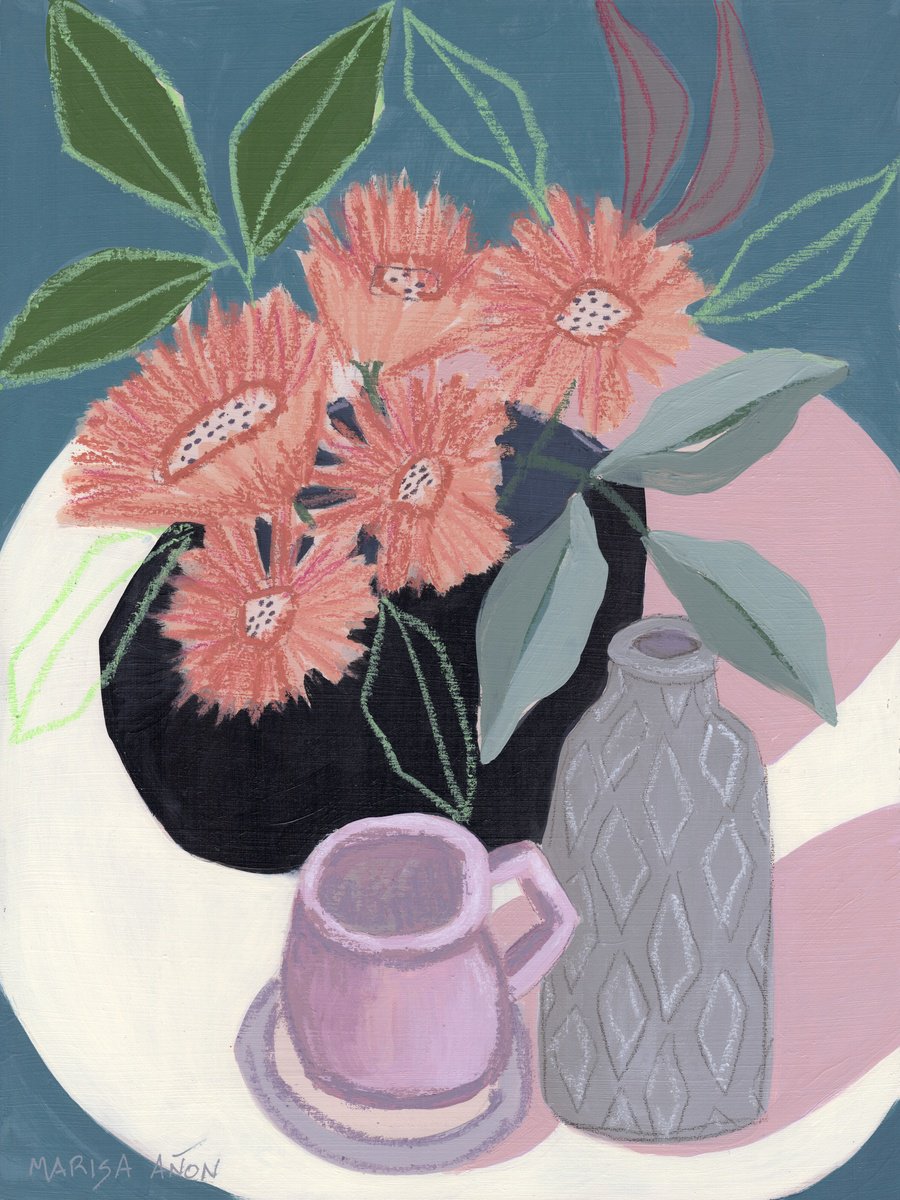 Still Life Painting By Marisa Anon, 13 X 17", Florals In Blue Ii, Original Artwork