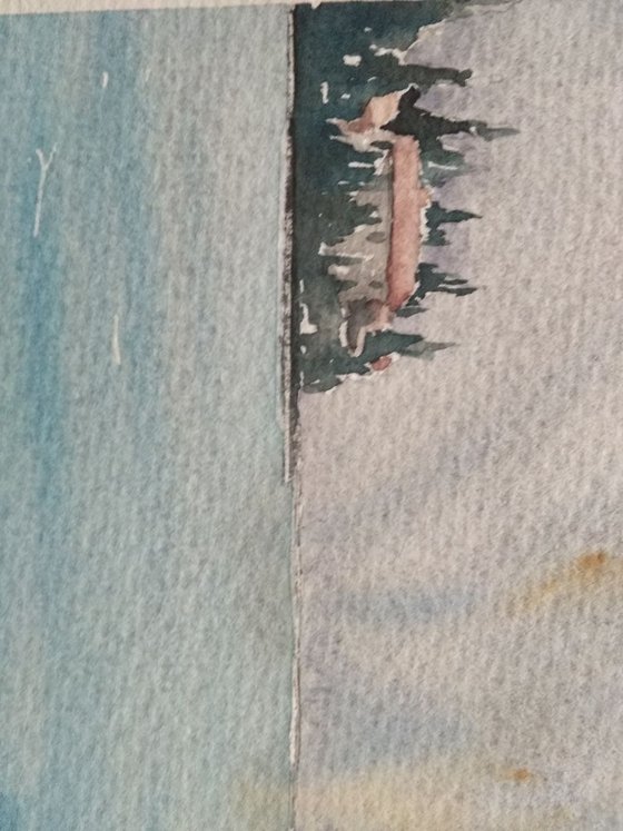 Boat and islands near Perast, Montenegro original watercolor art