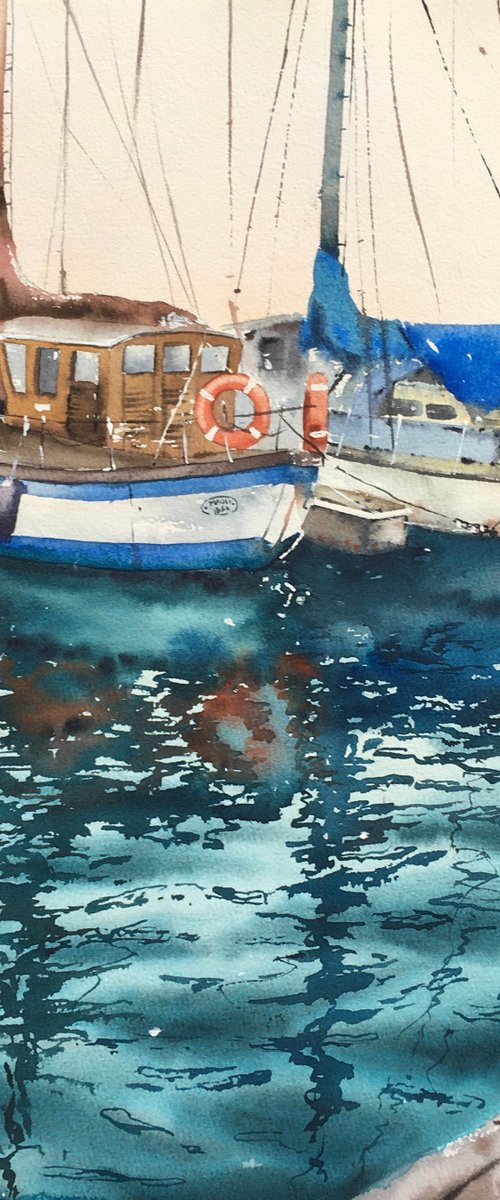 Reflections of yachts at sea. Original watercolor painting. by Evgeniya Mokeeva