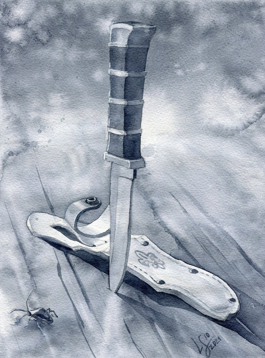 Photorealistic Still Life Watercolour By Svitlana Lagutina, 8 X 11", Polish Scout Knife Of Solitude, Original Artwork