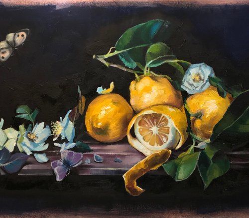 Still life with lemons, tea rose and butterflies by Anastasia Terskih