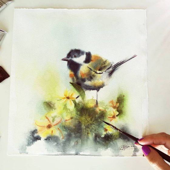 Great tit with flowers