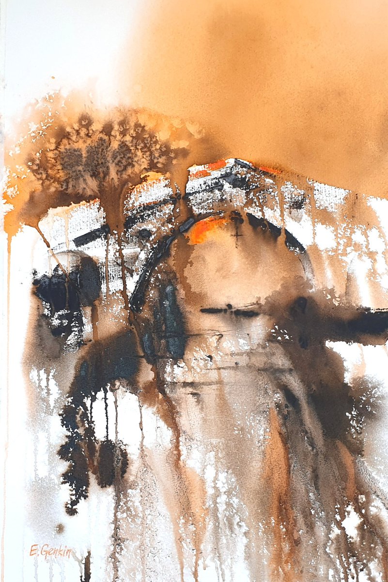 Impressionistic Landscape Watercolour By Elena Genkin, 15 X 22, The Bridge In Cangas De Onis, Original Artwork