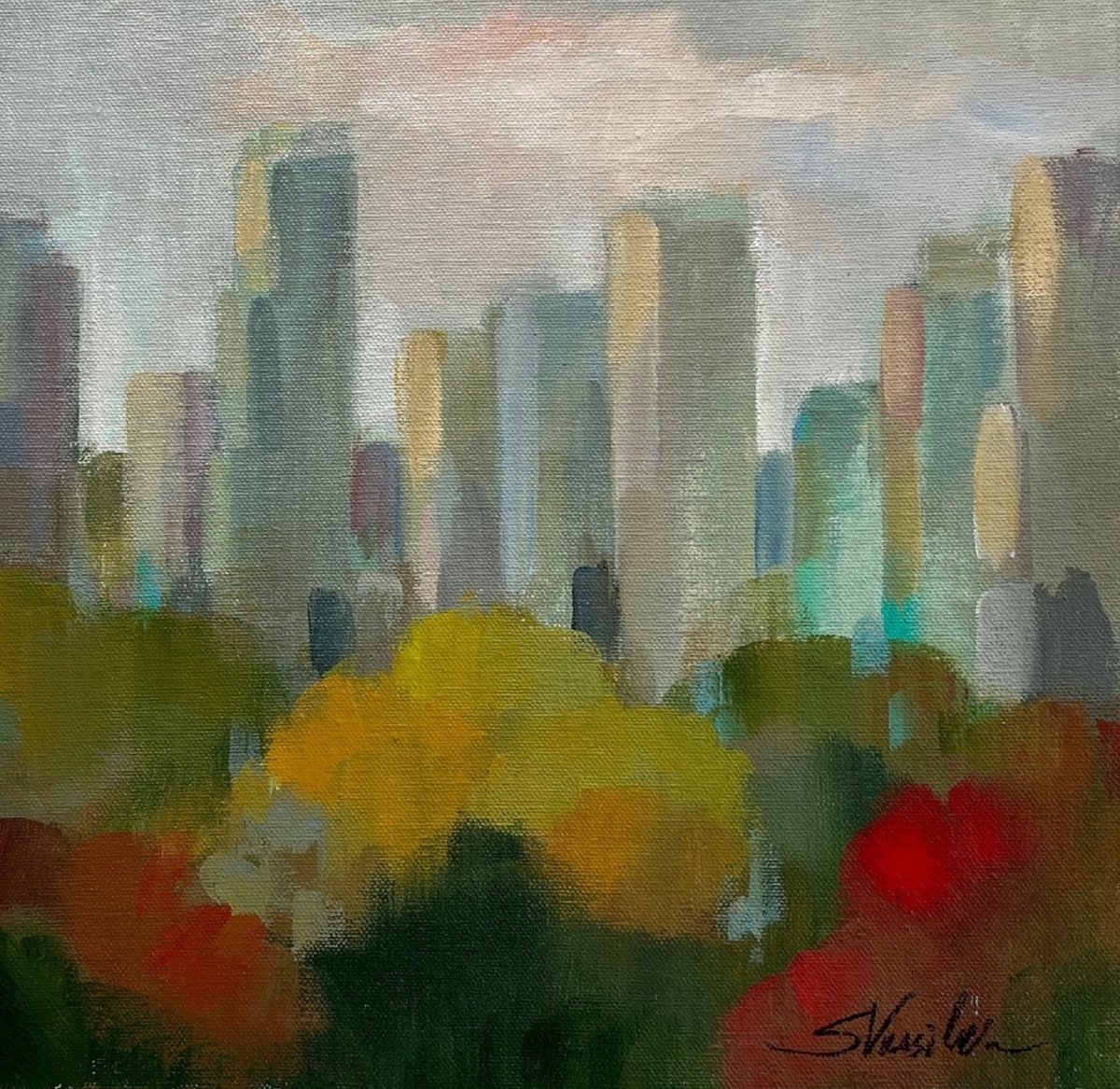 Expressive Cityscapes Acrylic Painting By Silvia Vassileva, 12 X 12", New York - Central Park Ii, Original Artwork