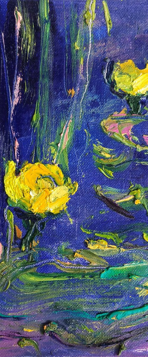 Water lilies small painting | Yellow and blue | Original oil painting by Helen Shukina