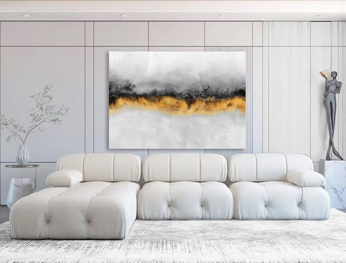 Abstract Acrylic Painting By Indie Ru, 85 X 59, Minimalist Gold And White Abstract, Original Artwork