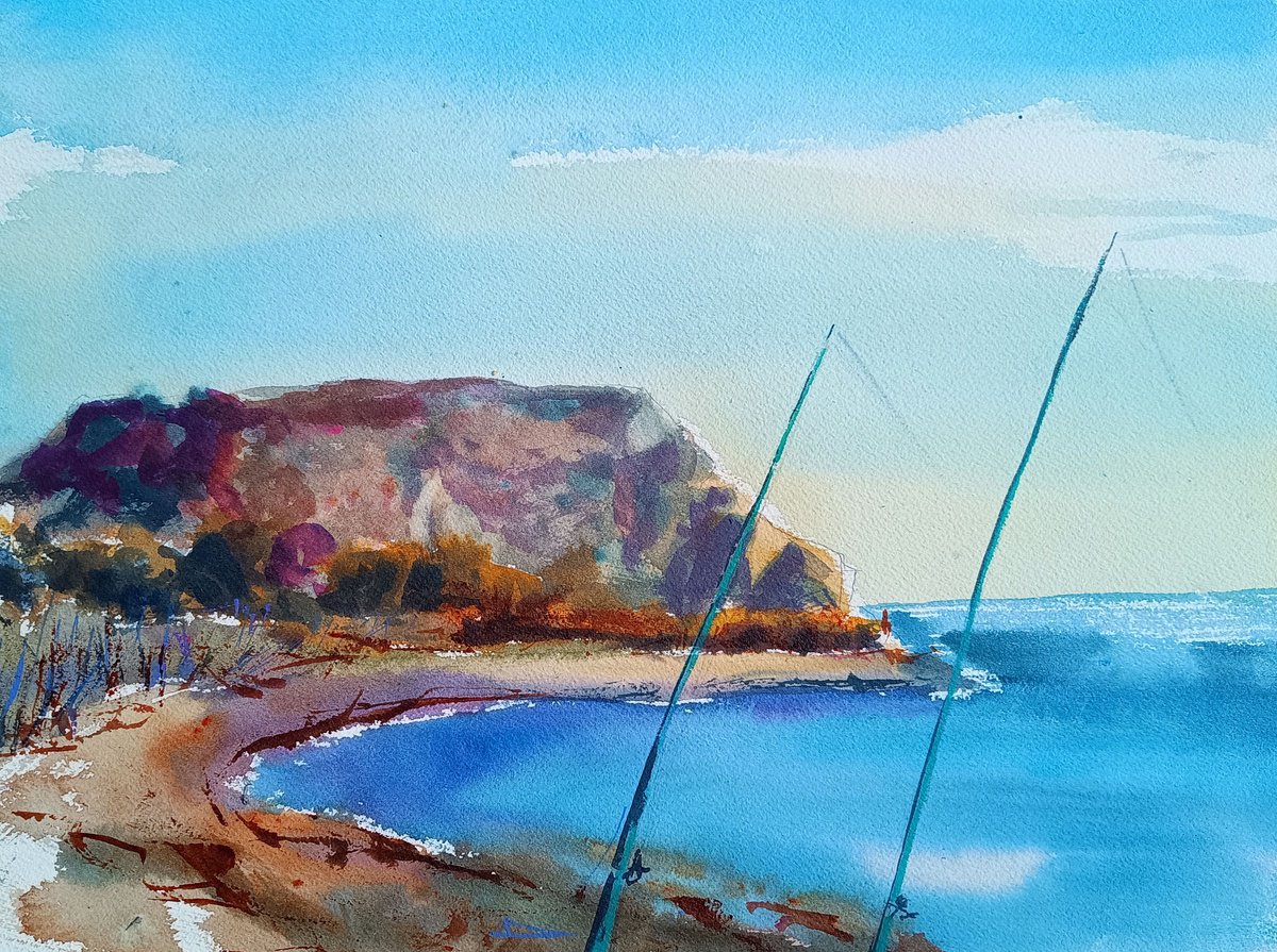 Impressionistic Landscape Watercolour By Marina Del Pozo, 16 X 12", Fishing, Original Artwork
