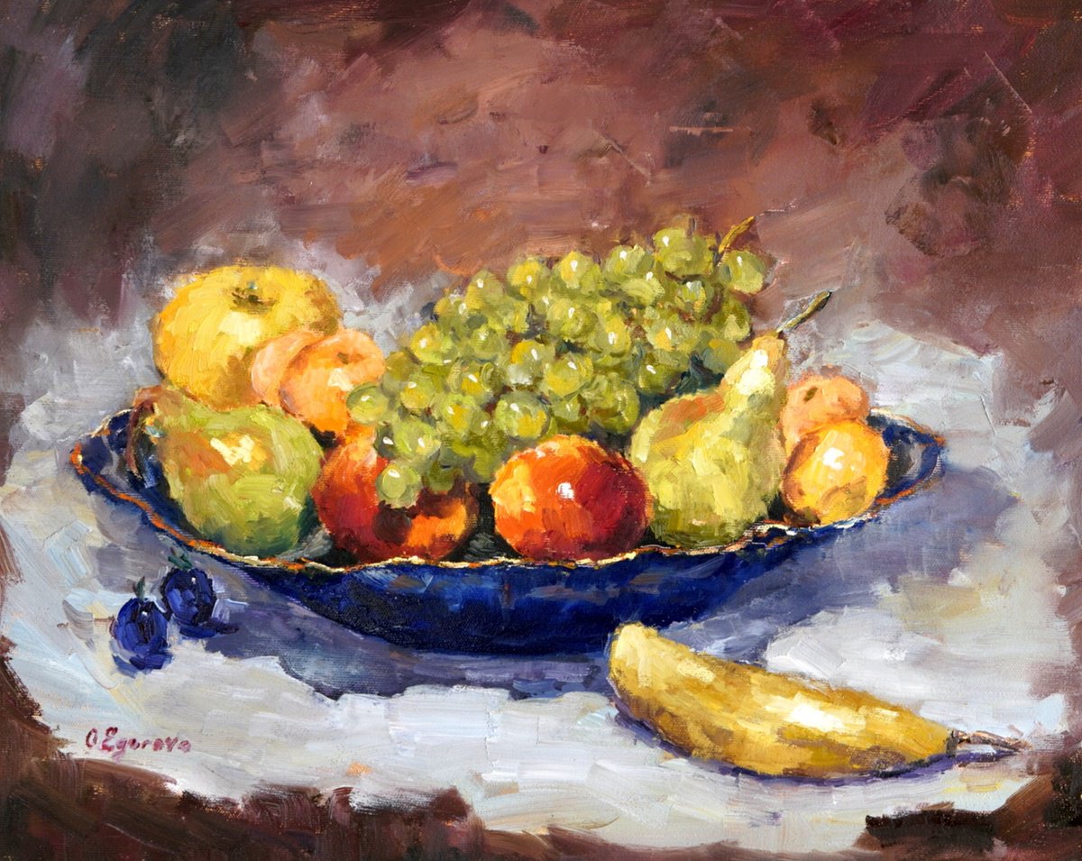 Impressionistic Still Life Oil Painting By Olga Egorov, 20 X 16", Still Life Whith Grapes, Original Artwork