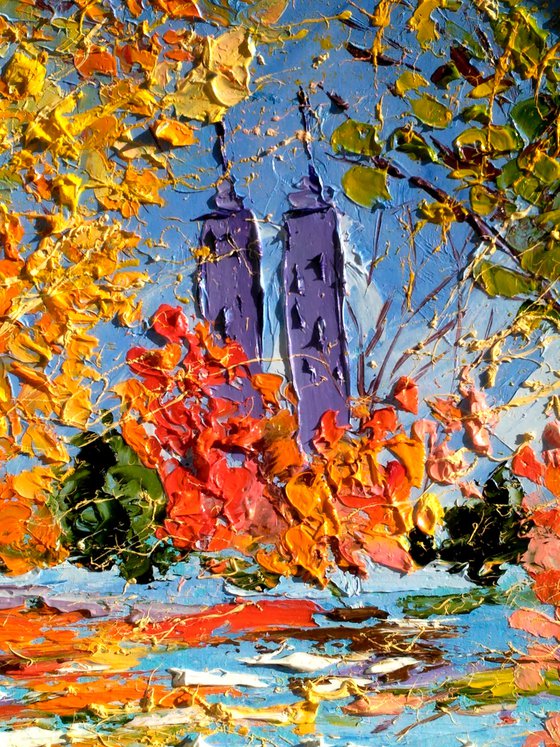 NYC Fall Painting Cityscape Original Art New York Small Oil Artwork Autumn Impasto Pallete Knife Wall Art 8 by 10" by Halyna Kirichenko