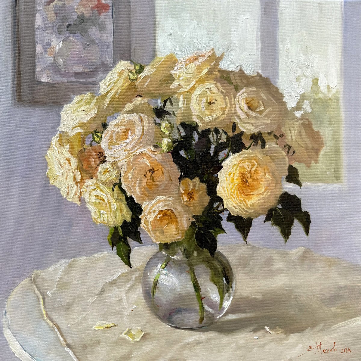 Impressionistic Still Life Oil Painting By Evgeniia Mekhova, 20 X 20, Yellow Roses Still Life, Original Artwork