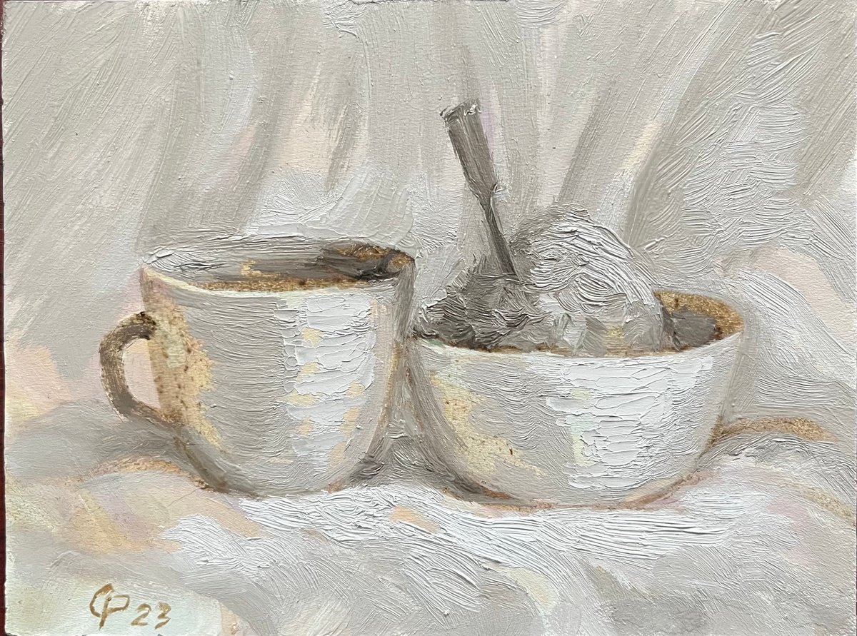 Ukrainian breakfast with a cup of coffee original oil painting by Roman Sergienko