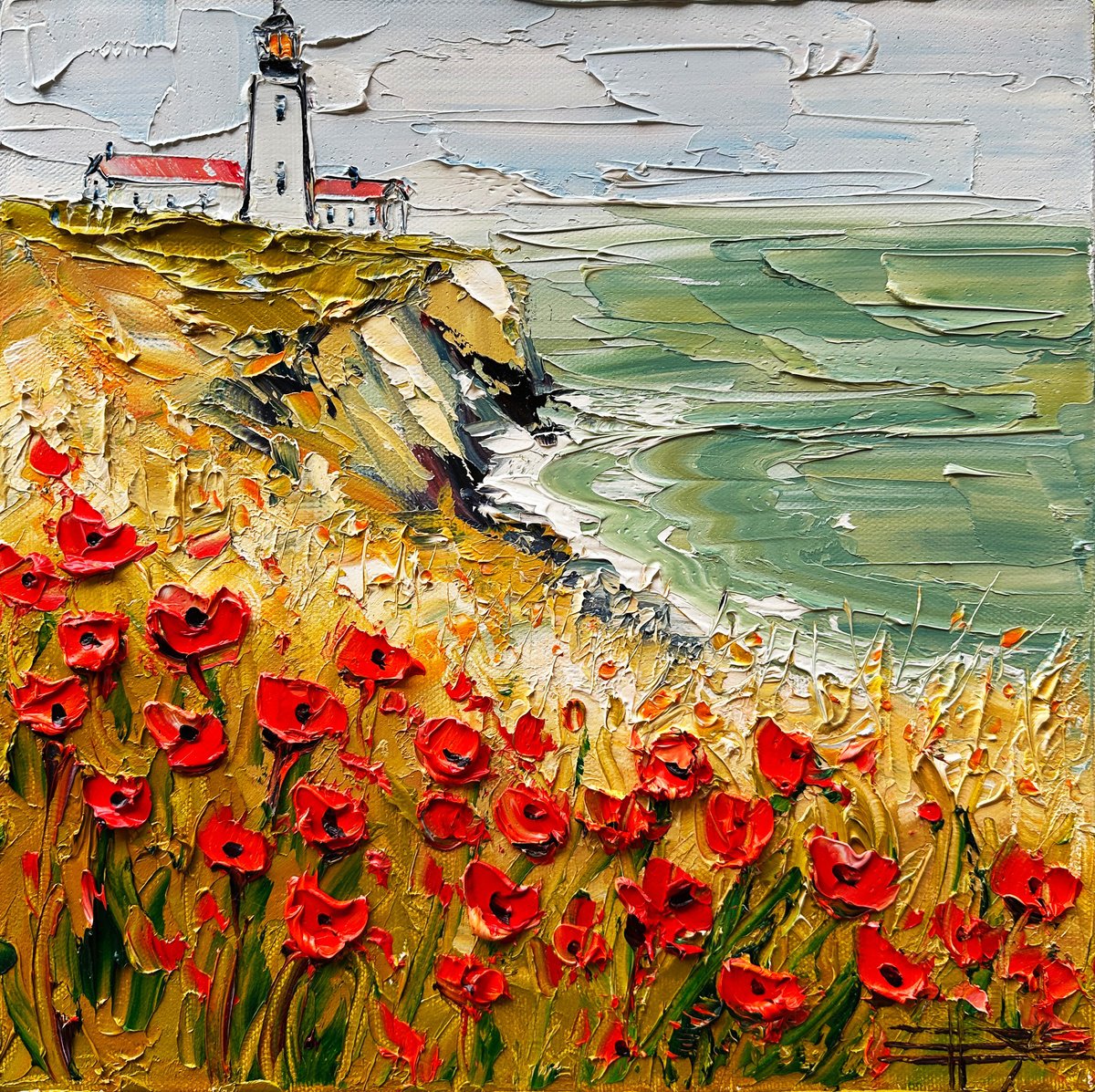 Impressionistic Landscape Oil Painting By Lisa Elley, 12 X 12", Poppy Light, Original Artwork