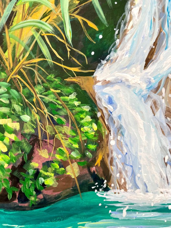 Waterfall Original Gouache Painting, Tropical Wall Art, Cyprus Artwork, Travel Gift, Green Home Decor