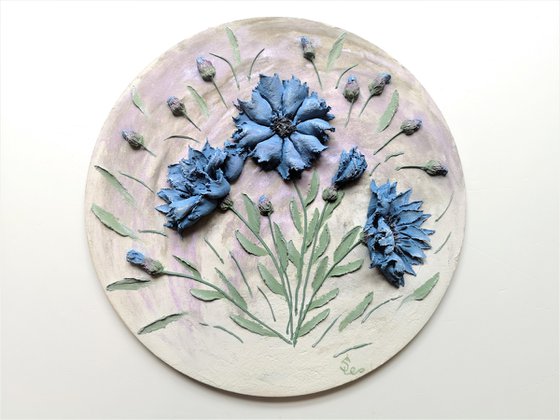 Blue cornflowers on a white background-delicate Botanical bas-relief 25x15x3 cm.